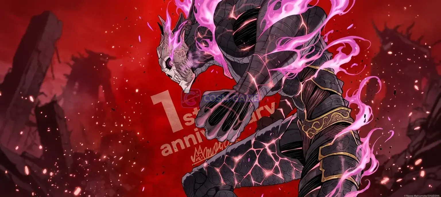 Kaiju No. 8 and Defense Force officers charge forward across the first anniversary scene.