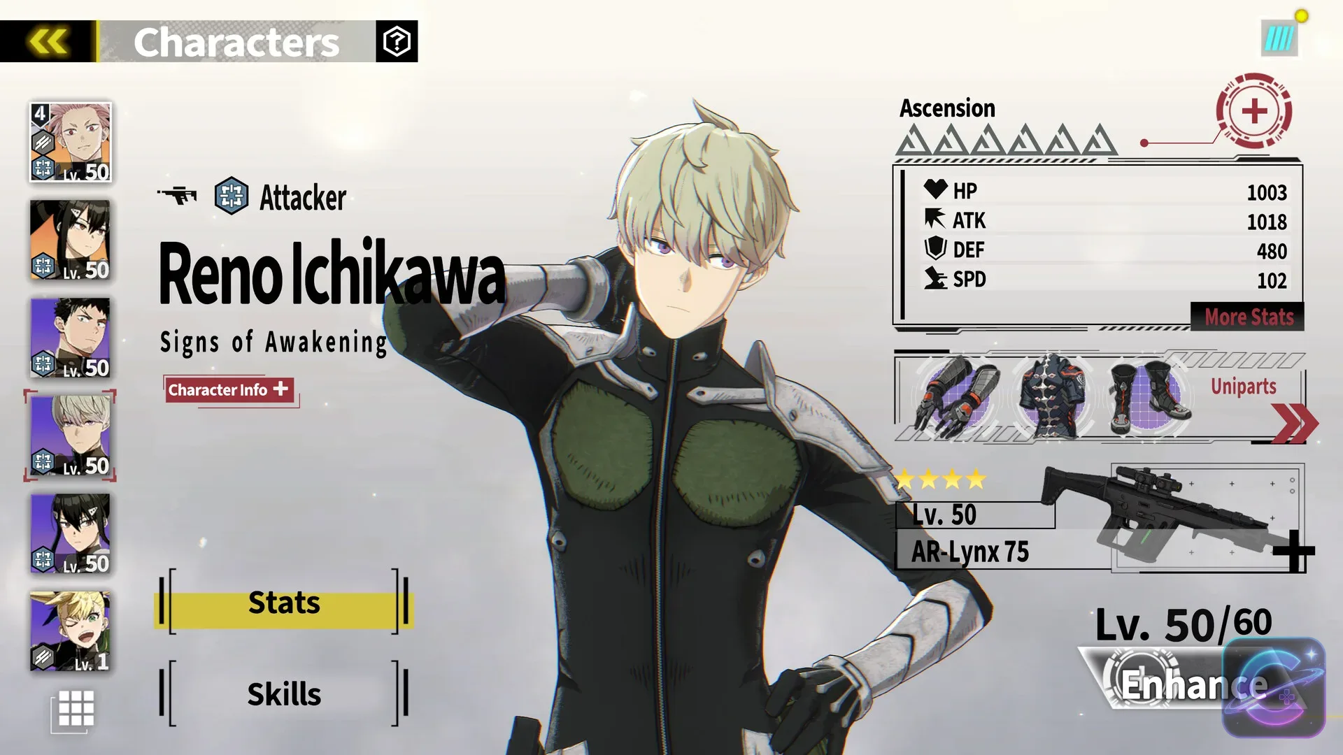 Reno Ichikawa stands beside his character stats, equipment, and enhancement controls.
