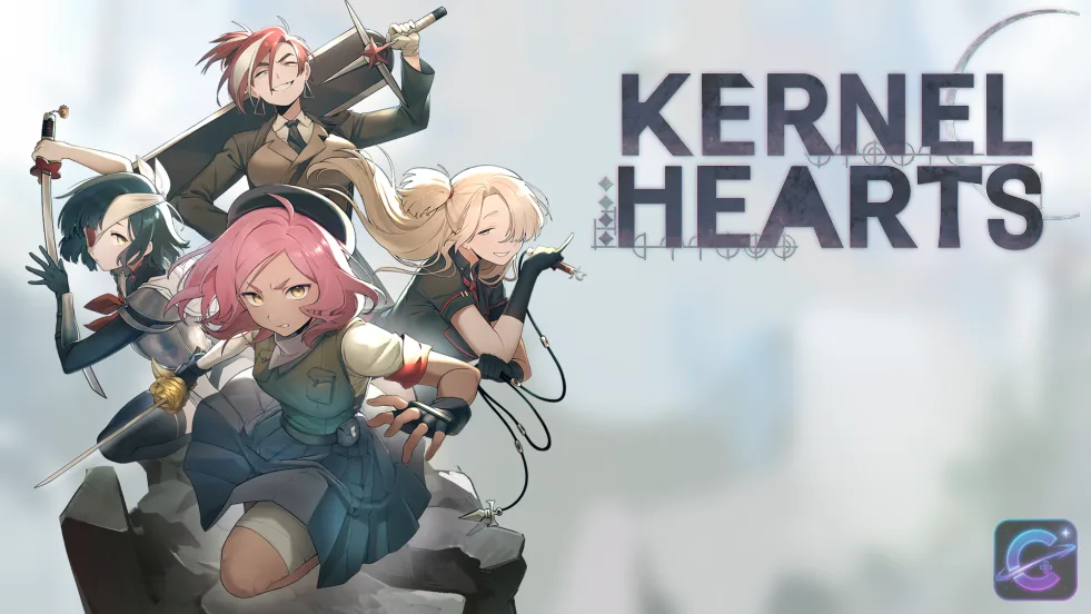 Kernel Hearts key art showing the four M.A.H.O.U Unit magical girls in action poses against a vibrant anime-styled background