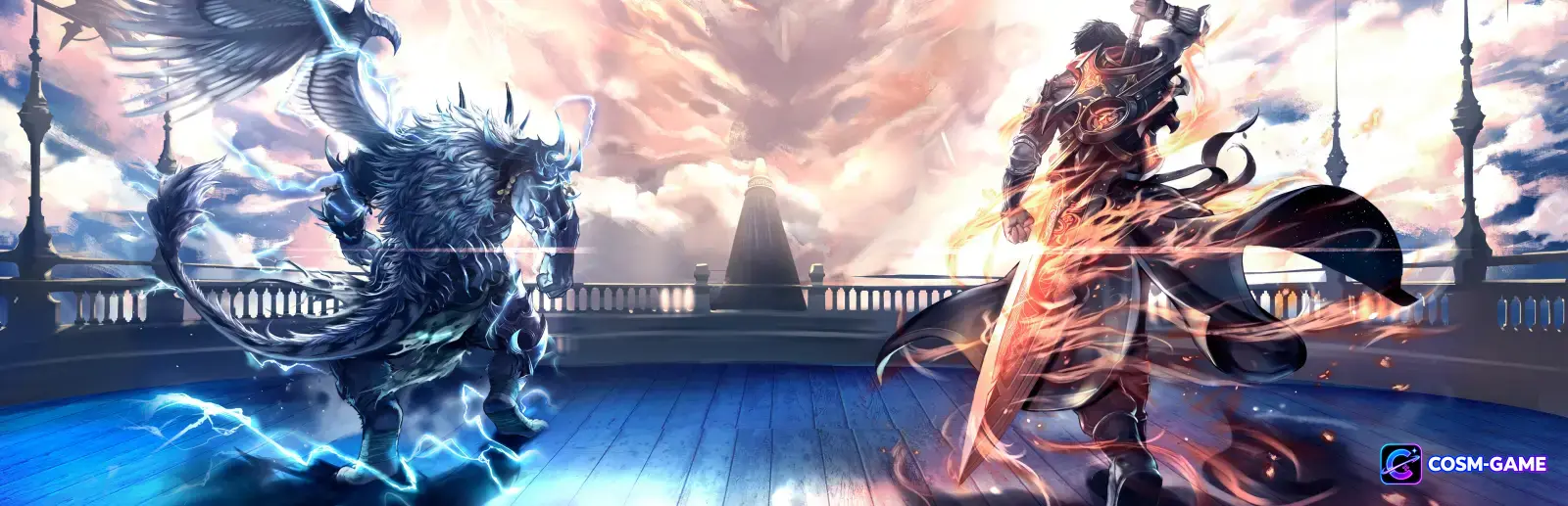 A blue lightning charged beast faces a fire lit armored warrior across a stone terrace beneath a bright sky.