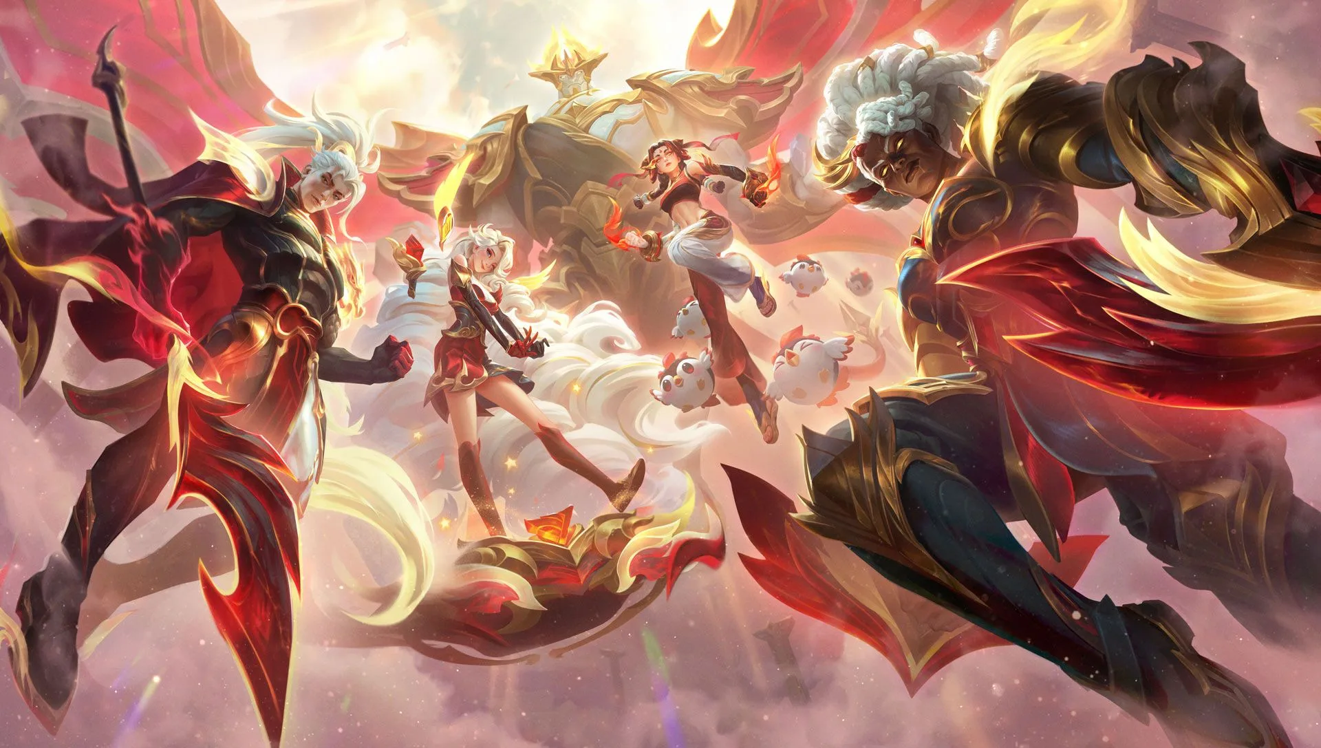 League of Legends champions posed in red, gold and white T1-themed team artwork
