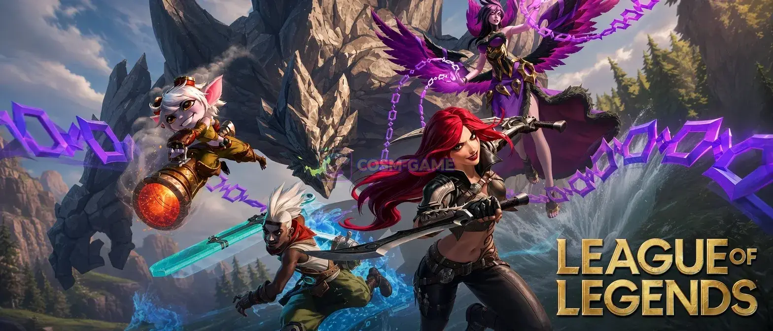Five League of Legends champions in red, white, and gold outfits charge together through a bright fantasy battlefield.