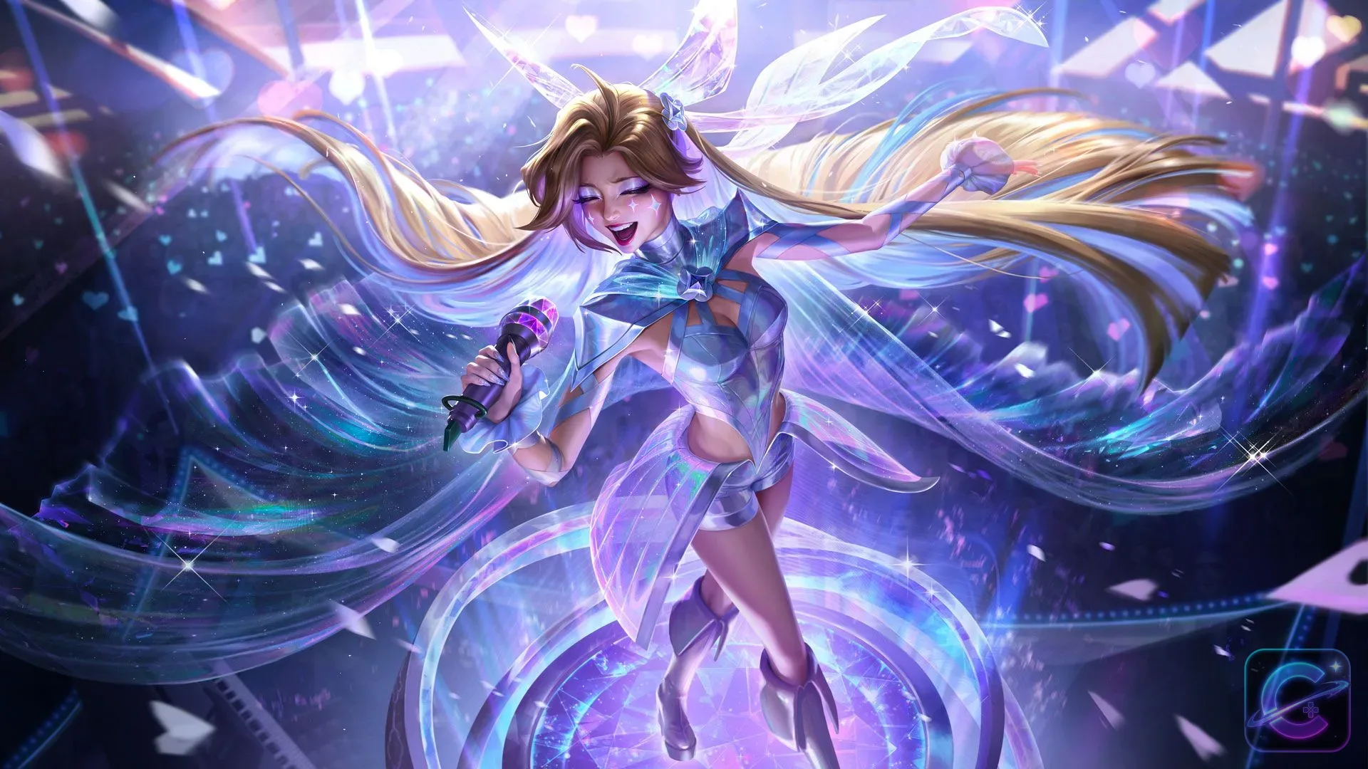 Heartsong Seraphine singing into a microphone on a concert stage