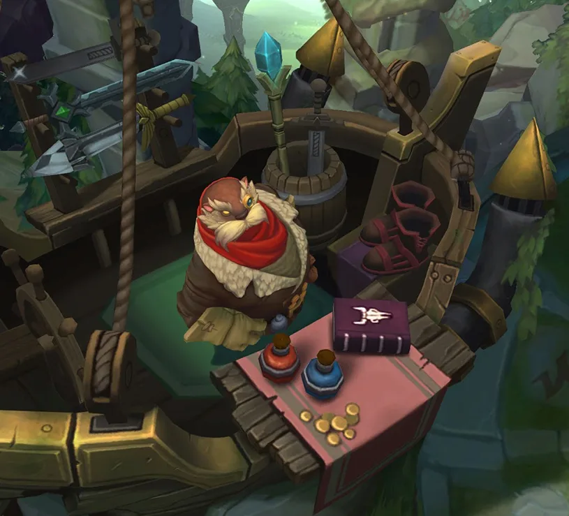 League of Legends shopkeeper and item shop at a team base