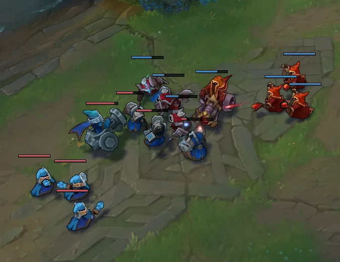 Blue and red minion waves fighting in a League of Legends lane
