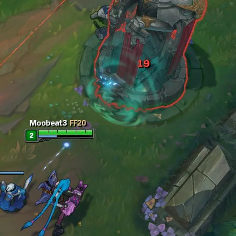 Jinx and allied minions attacking an enemy turret in League of Legends