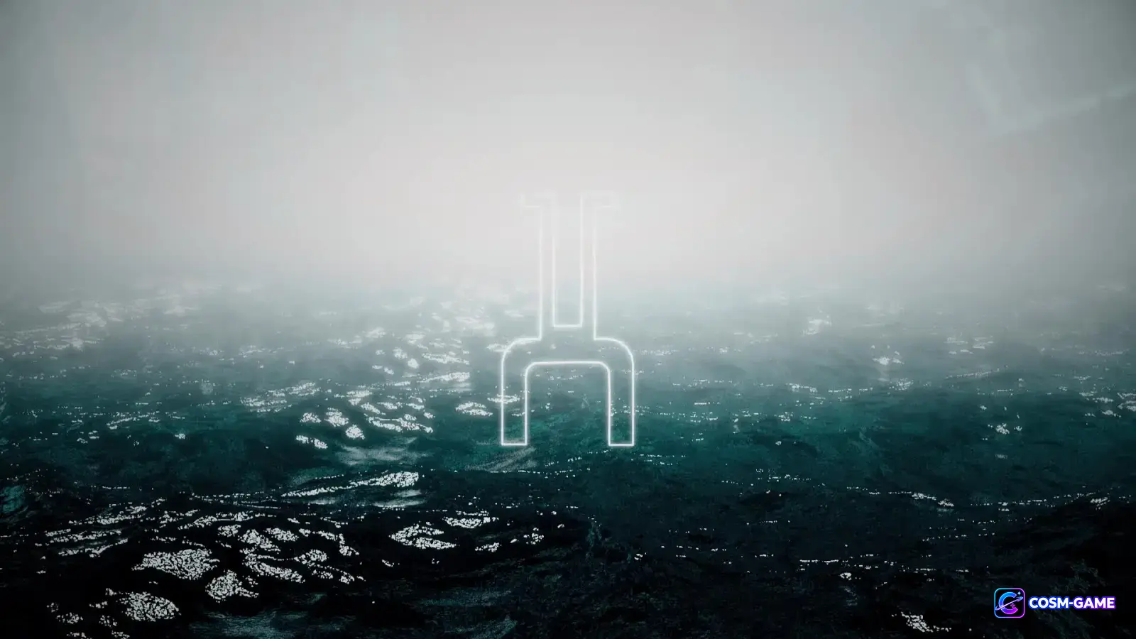 A glowing white symbol floats above a dark ocean beneath a pale foggy horizon.