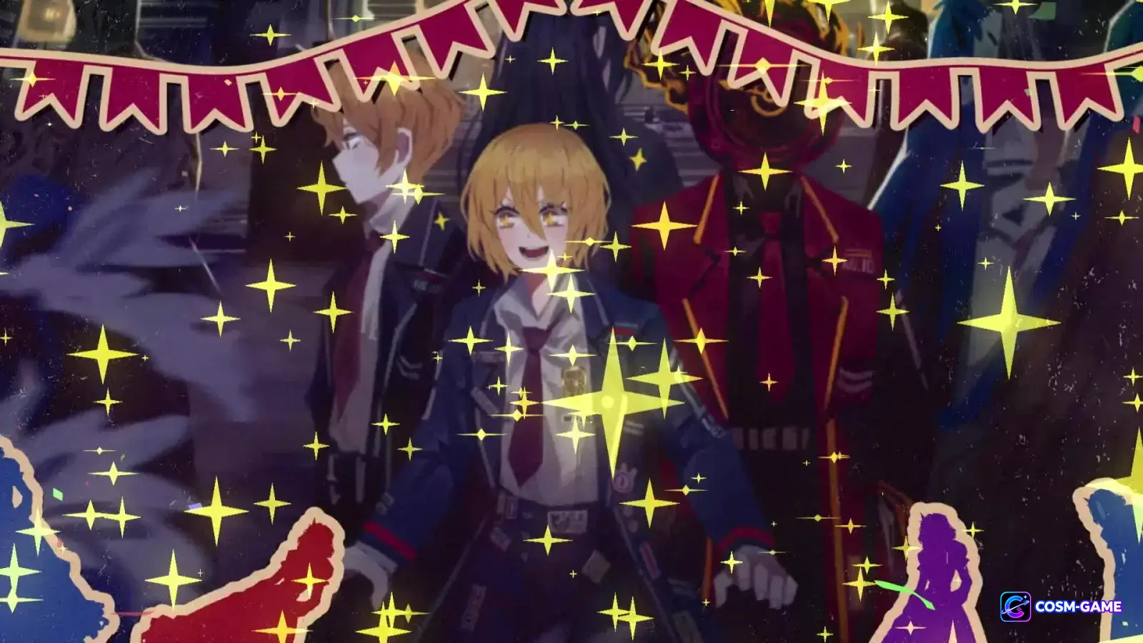 A blond character stands beside Dante and other figures while bright stars and festive decorations fill the scene.