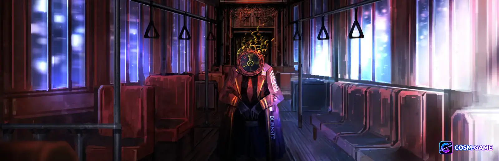 Dante stands alone inside the illuminated red and blue interior of Mephistopheles.