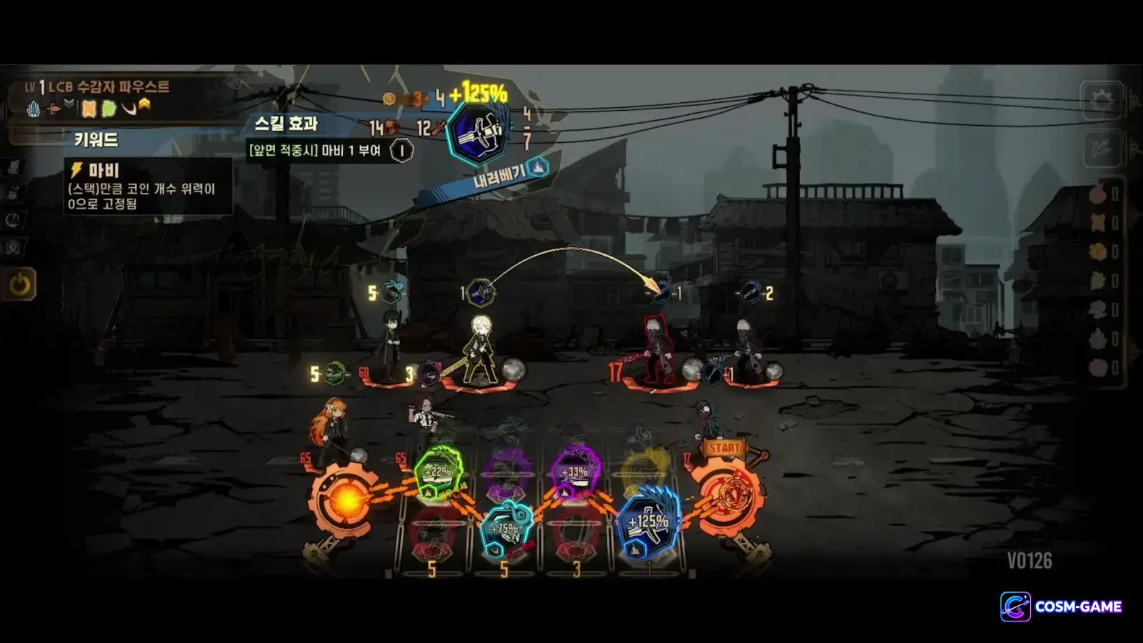 Sinners face enemies in the combat interface while colored skill chains and targeting lines are selected.