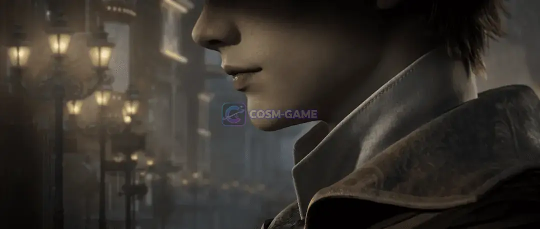 Close view of a dark-haired Beyonder with warm gas lamps glowing along the city street behind him.