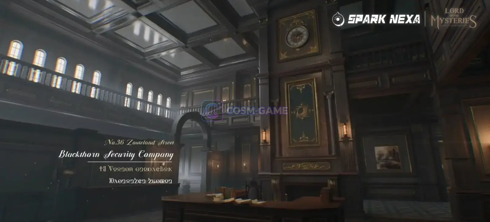 The dark wood interior of the Blackthorn Security Company with desks, balconies, and tall windows.