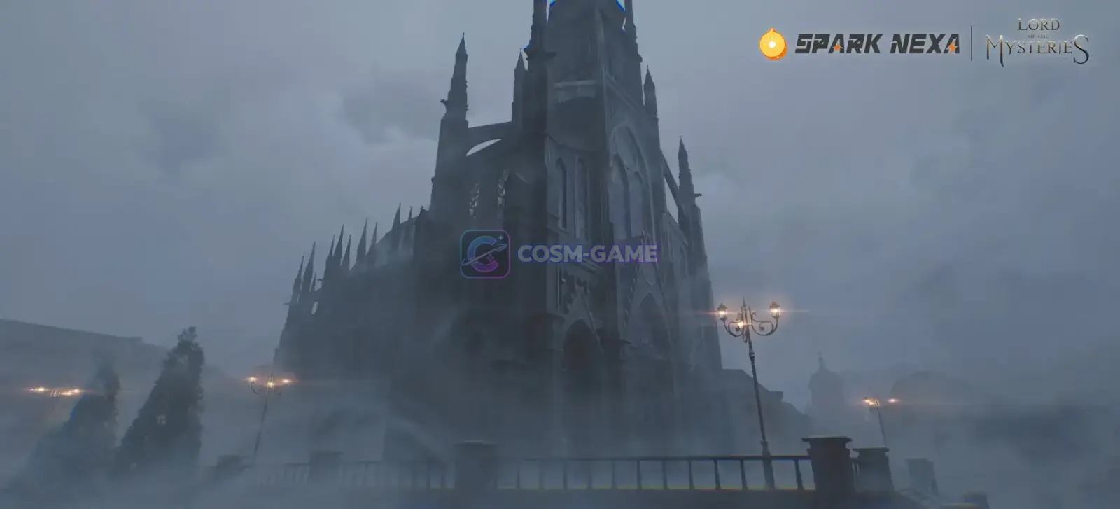 A towering Gothic cathedral surrounded by fog and gas lamps.