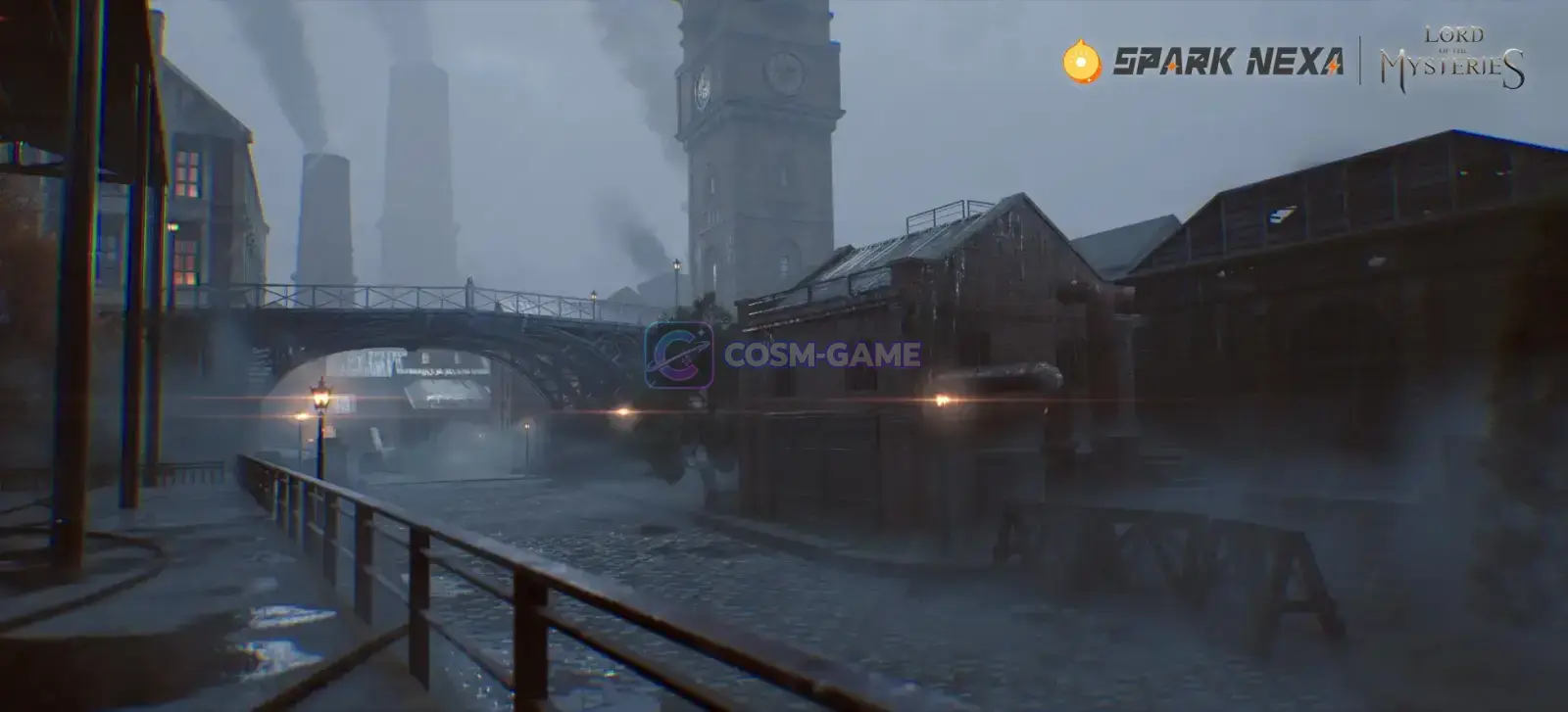 Rain-soaked industrial streets and bridges beneath a clock tower in Tingen.