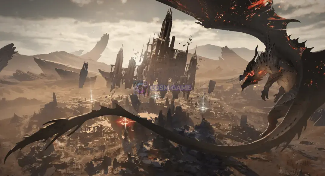 A massive dark dragon flying above a ruined city and towering structures beneath a pale sky.