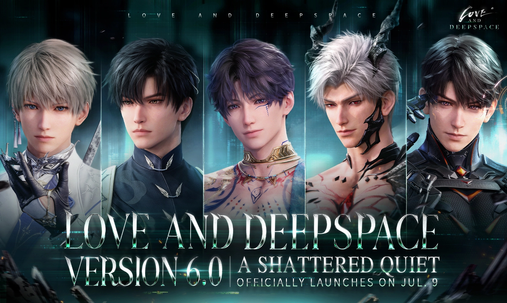 Key art for Love and Deepspace Version 6.0, A Shattered Quiet, featuring the game's companions