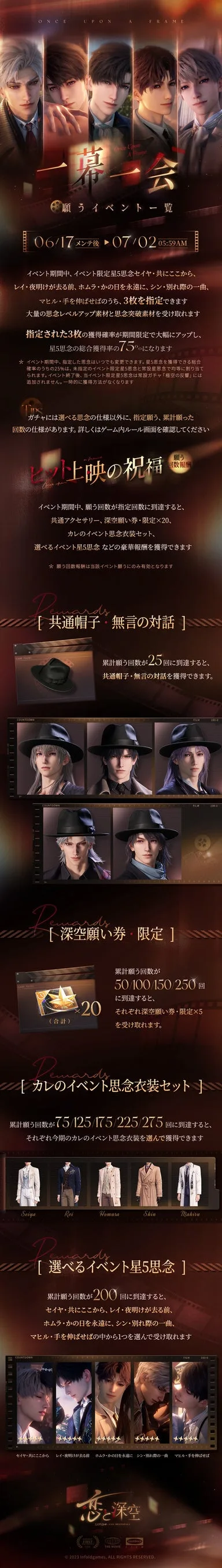 The Once Upon a Frame event overview shows all five romance leads and the event rewards.