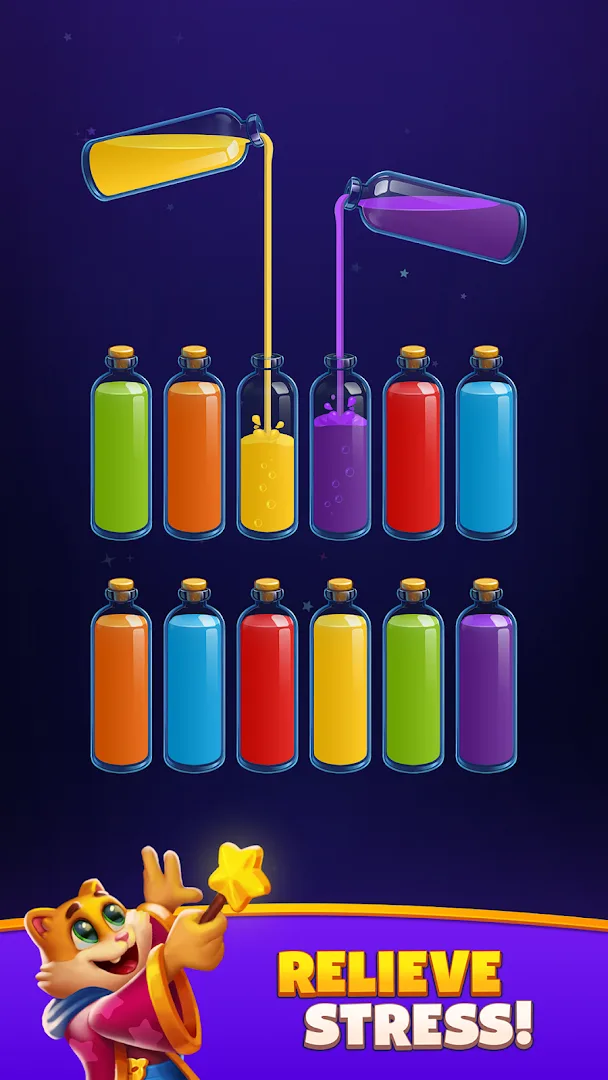 Bright colored liquid pouring between bottles in Magic Sort!