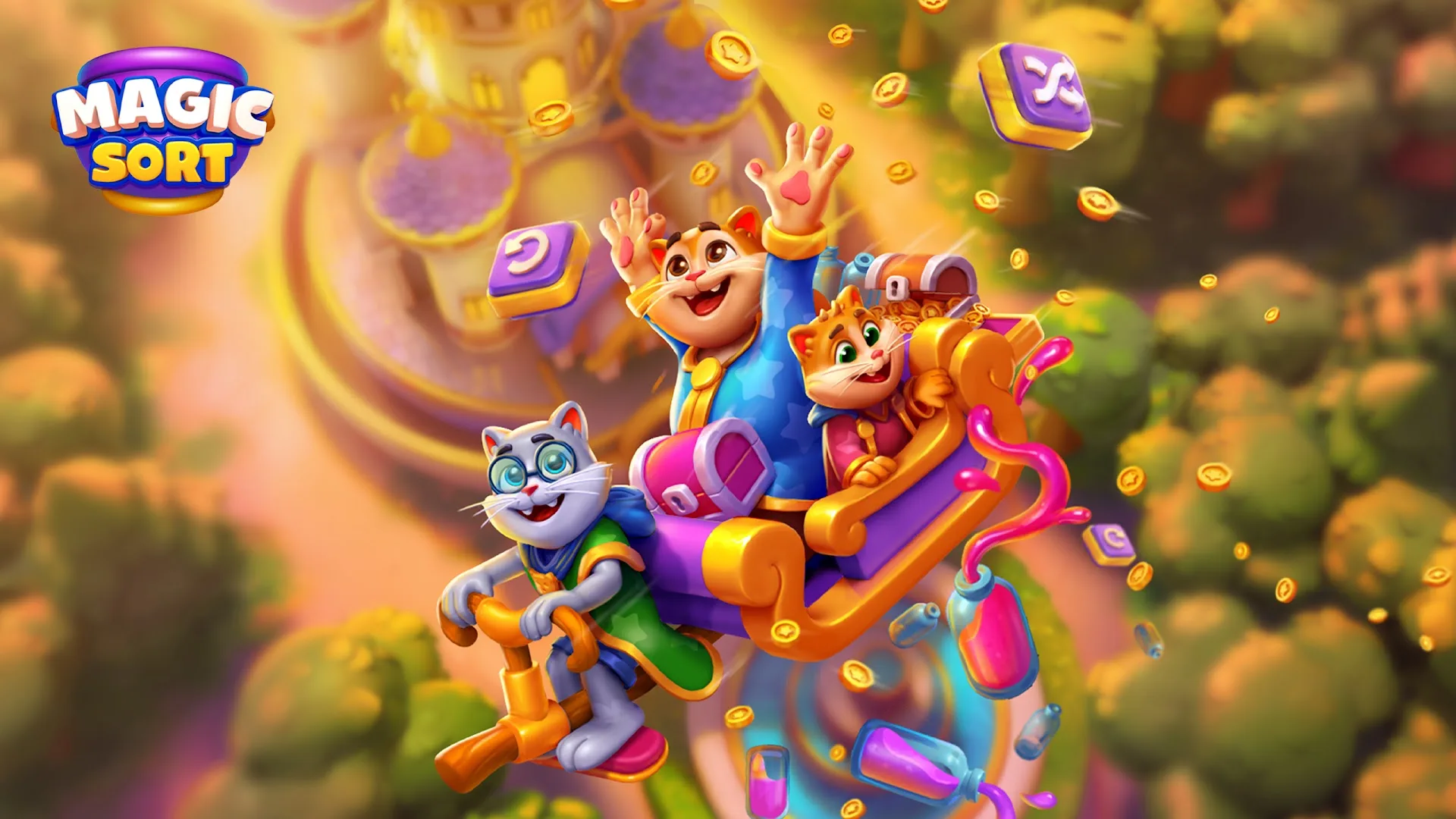 Colorful water bottles, magical characters and puzzle pieces in the Magic Sort! key art.