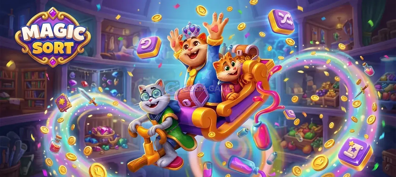 Magic Sort! promotional montage showing colored water bottles, a cat wizard, and puzzle screens.
