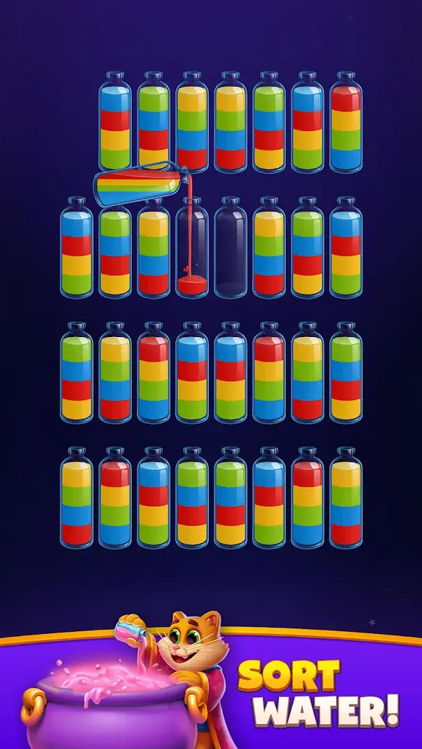 Colored water bottles and a cat wizard in Magic Sort!