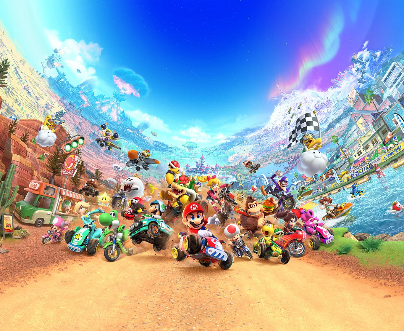 Mario Kart World key art featuring racers across the connected world.