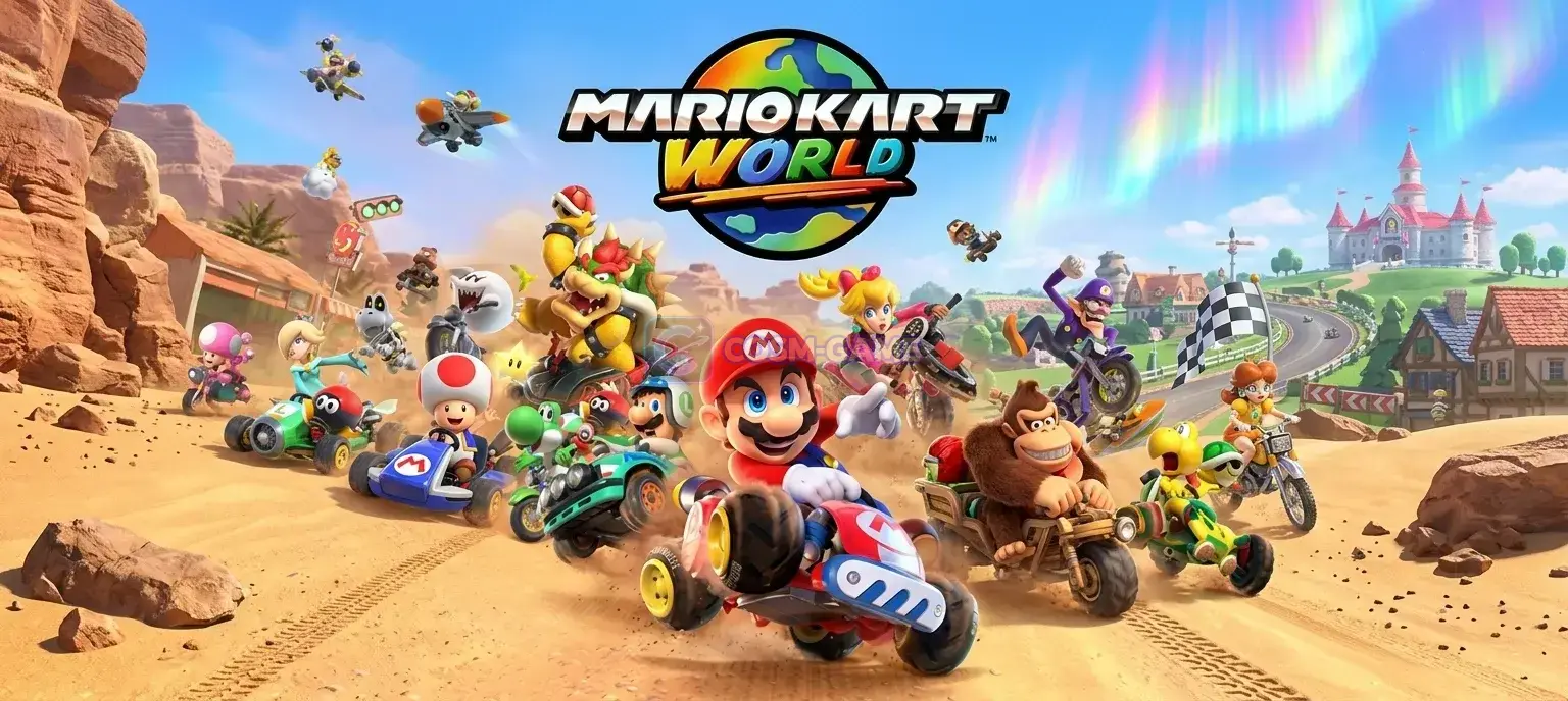 Luigi leads Mario and Peach through a corner as the racers accelerate on motorcycles.