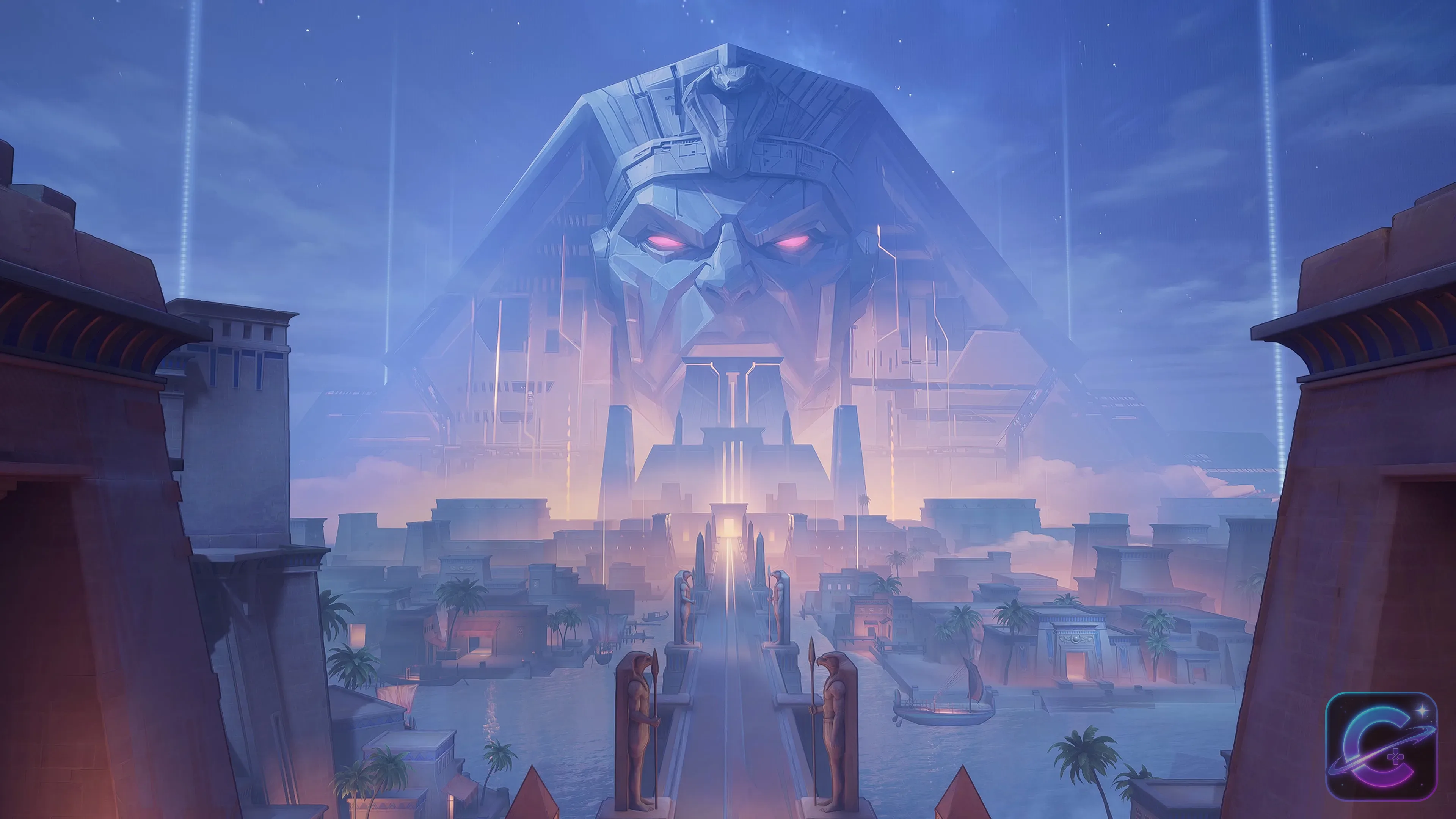 A colossal stone face with glowing red eyes towers above an ancient city filled with monuments and palm trees.