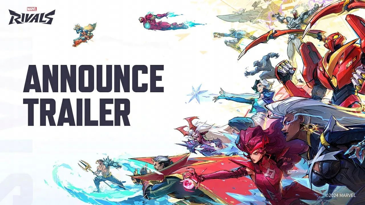 Marvel Rivals announcement trailer artwork showing a lineup of heroes charging into battle