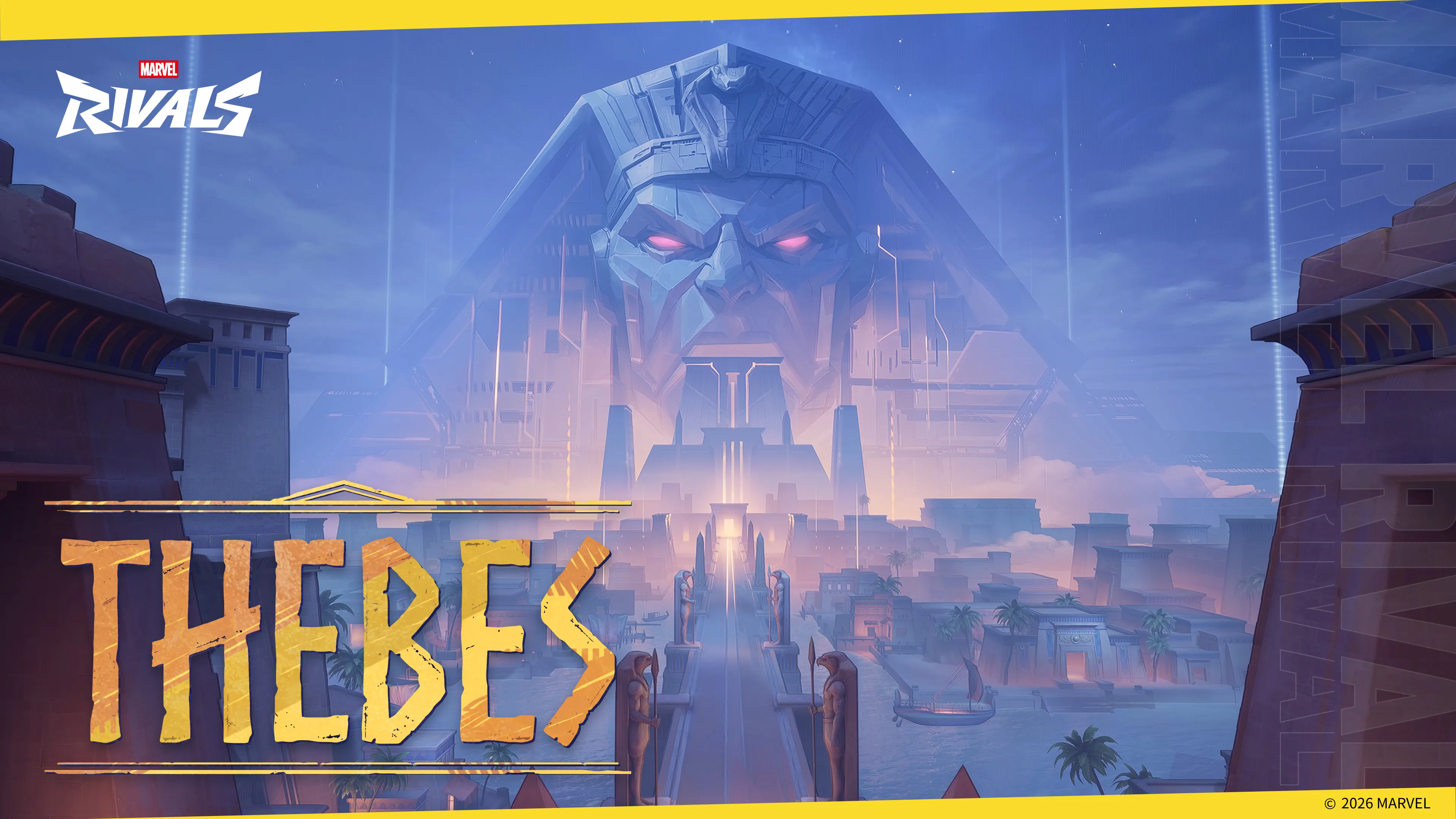 Apocalypse's Pyramid and the Temple of Khonshu across the Thebes map in Marvel Rivals