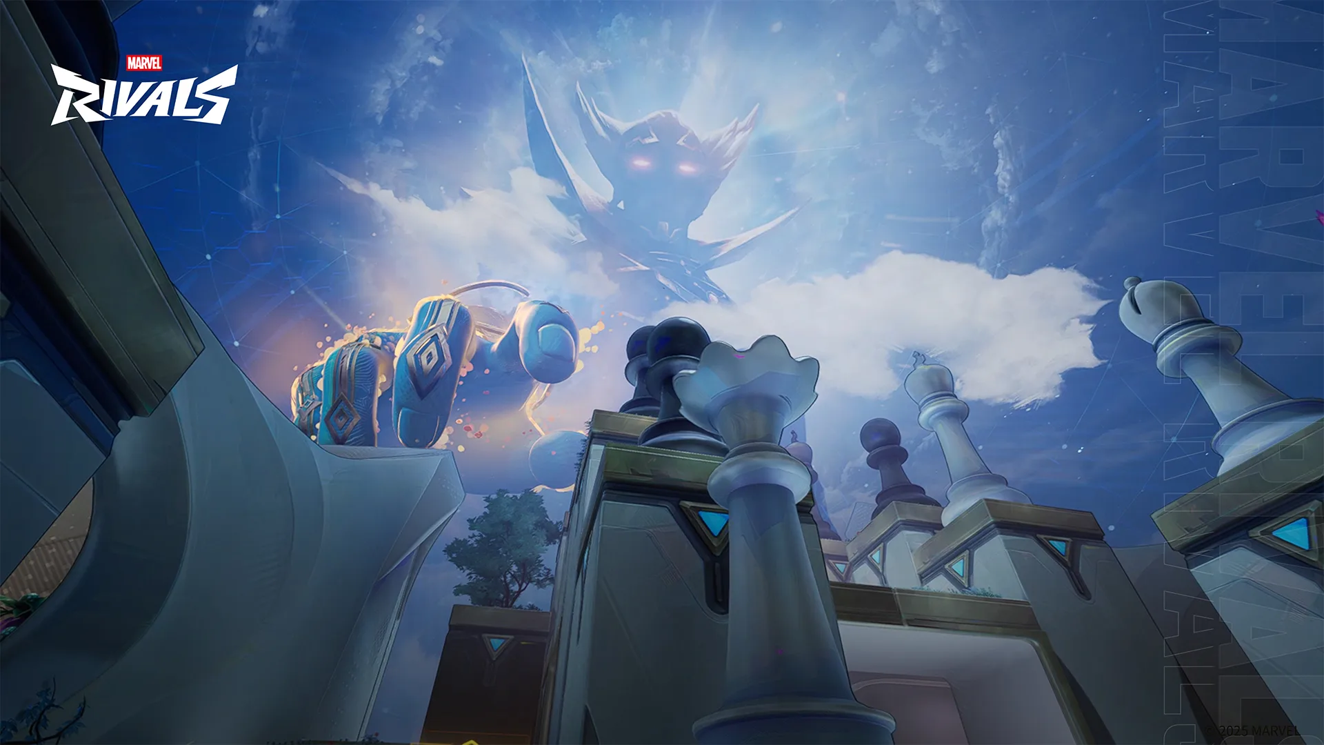 A stylized garden battlefield with cosmic, otherworldly scenery