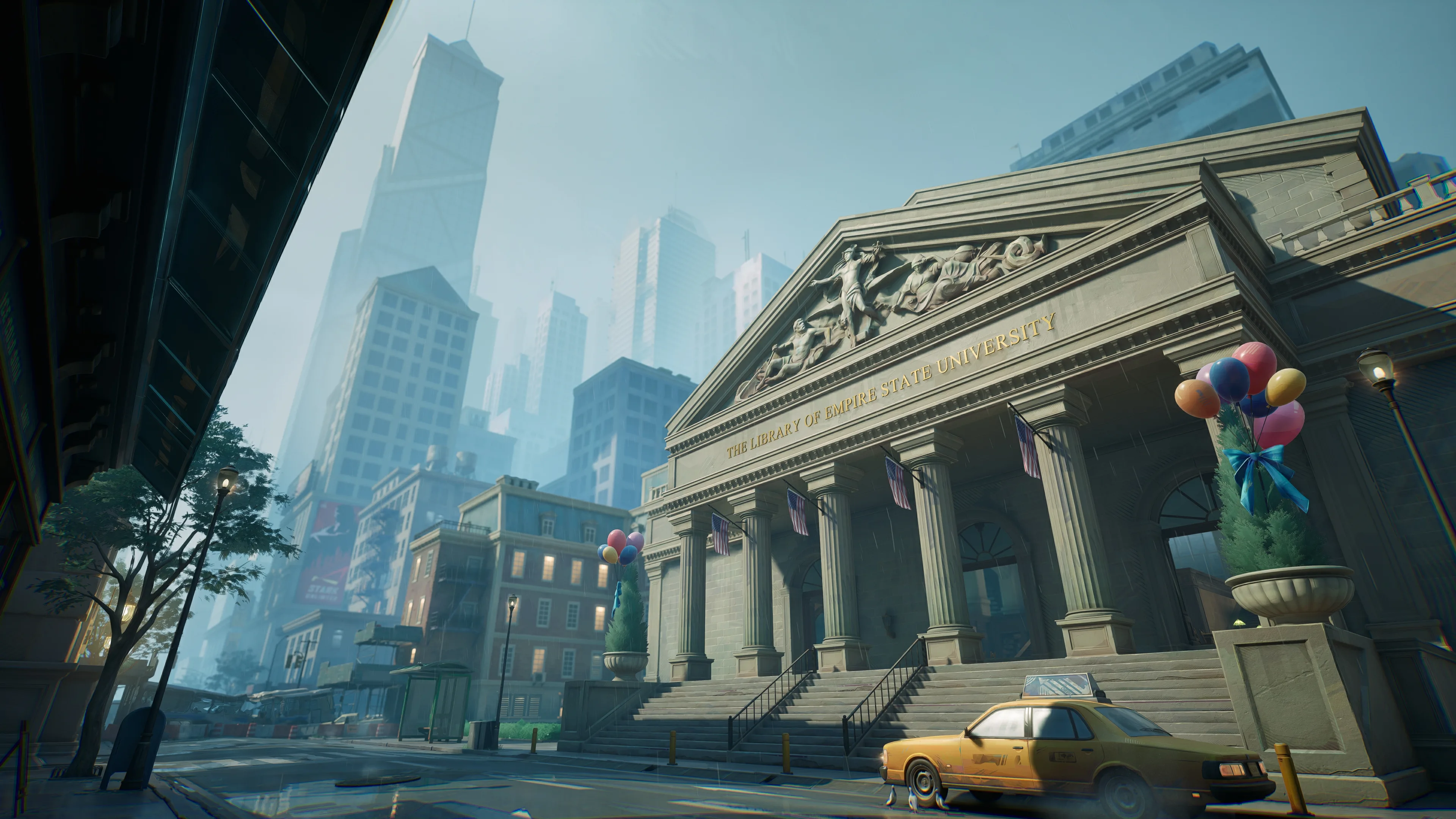 City streets and rooftops overlooking a large corporate tower