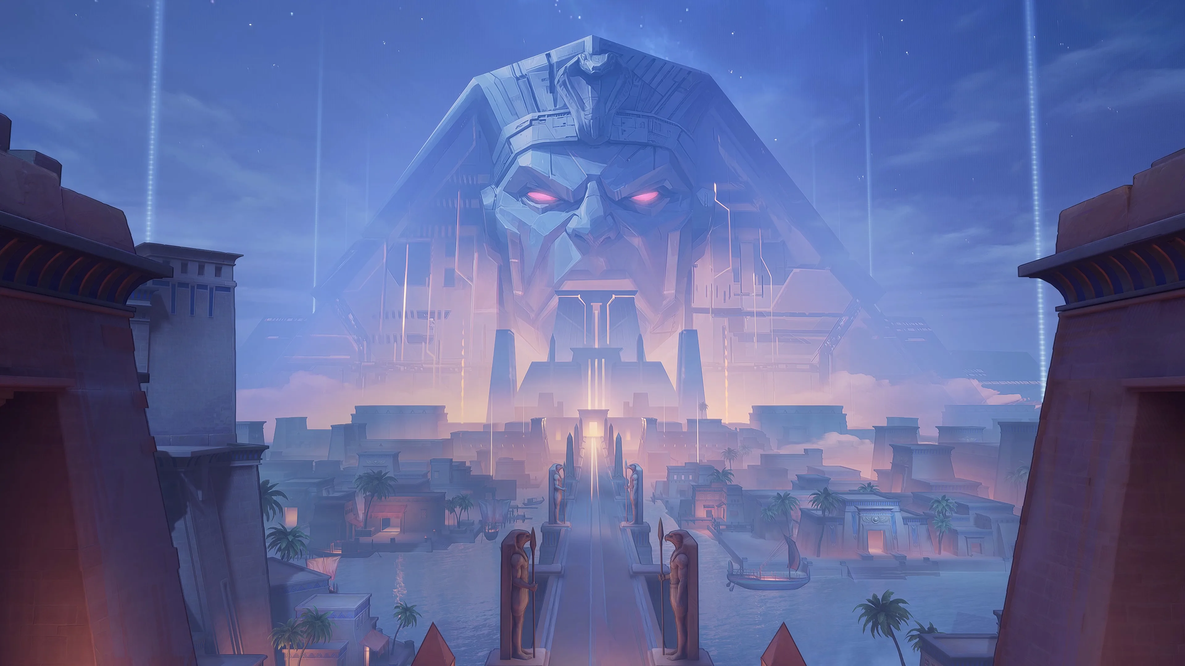 A destructible desert battlefield built around a pyramid and ruined temple