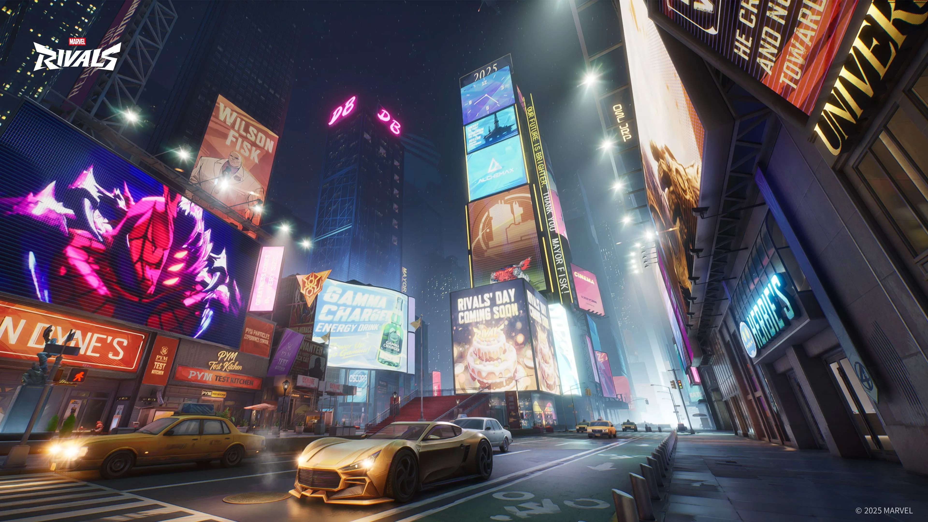 A neon-lit recreation of Times Square filled with billboards