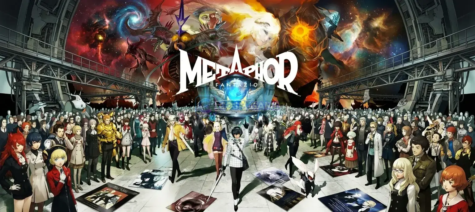 Metaphor: ReFantazio key visual featuring the protagonist and major characters in a dramatic fantasy composition.
