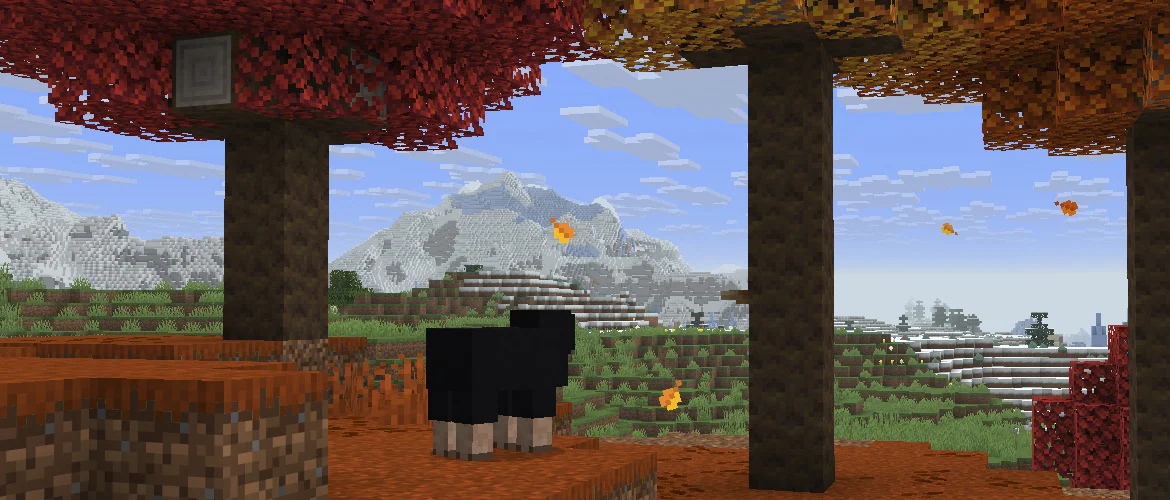 A black sheep looks across a dappled Minecraft forest in official Mojang artwork