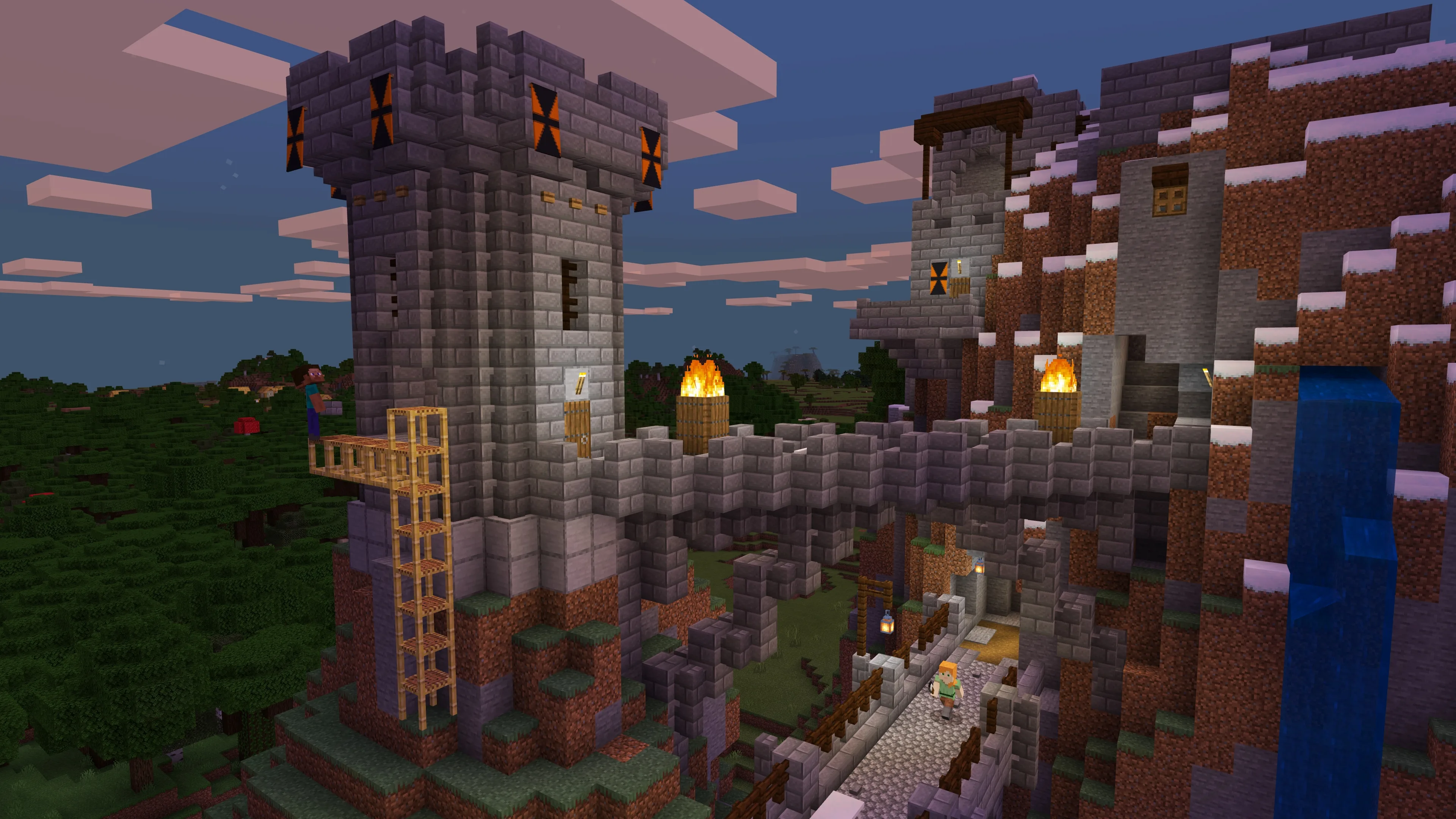 Steve and Alex building a stone and wood castle with a watchtower into a grassy hillside