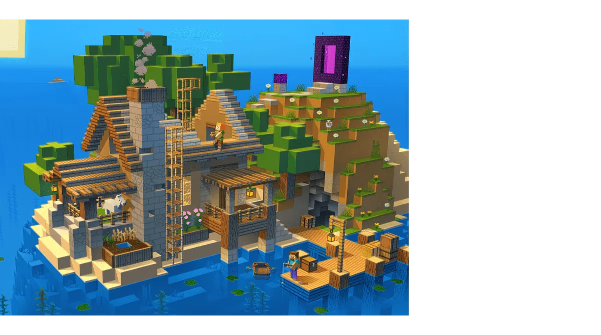 Alex, Steve, and several mobs standing together on a grassy hilltop overlooking the world