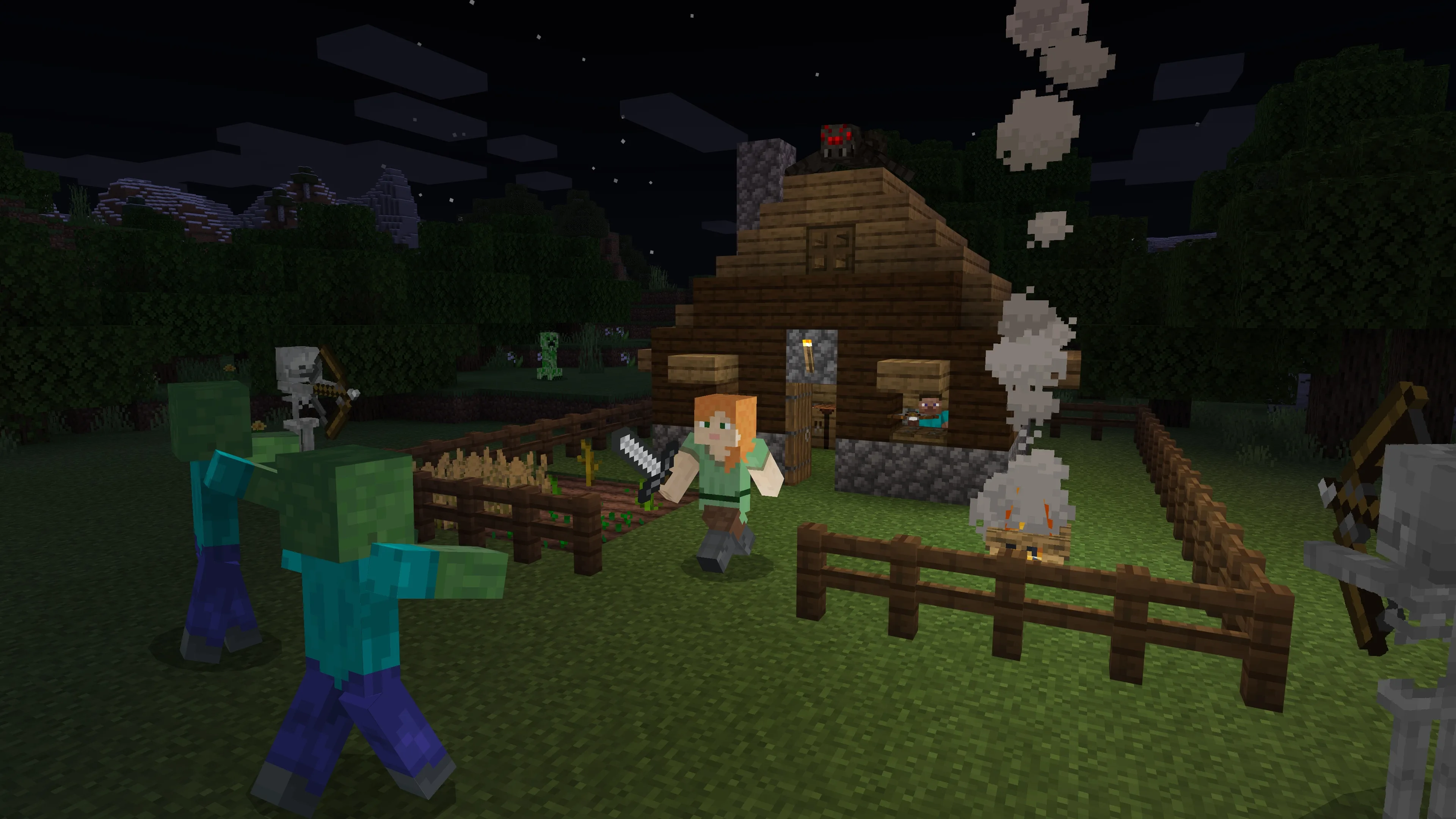 Zombies, skeletons, and creepers approaching a small wooden house at night as Alex and Steve defend it