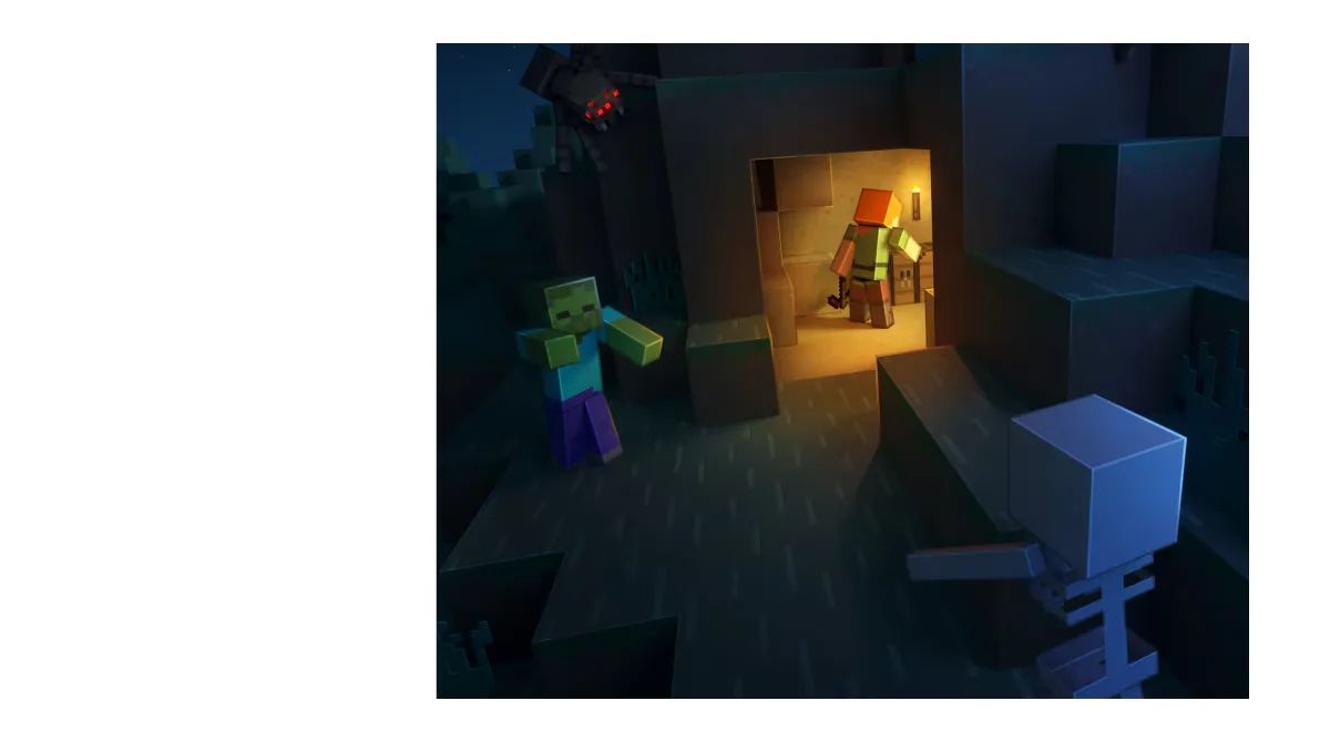 Steve and Alex stepping out of a cave entrance with tools in hand, ready to explore