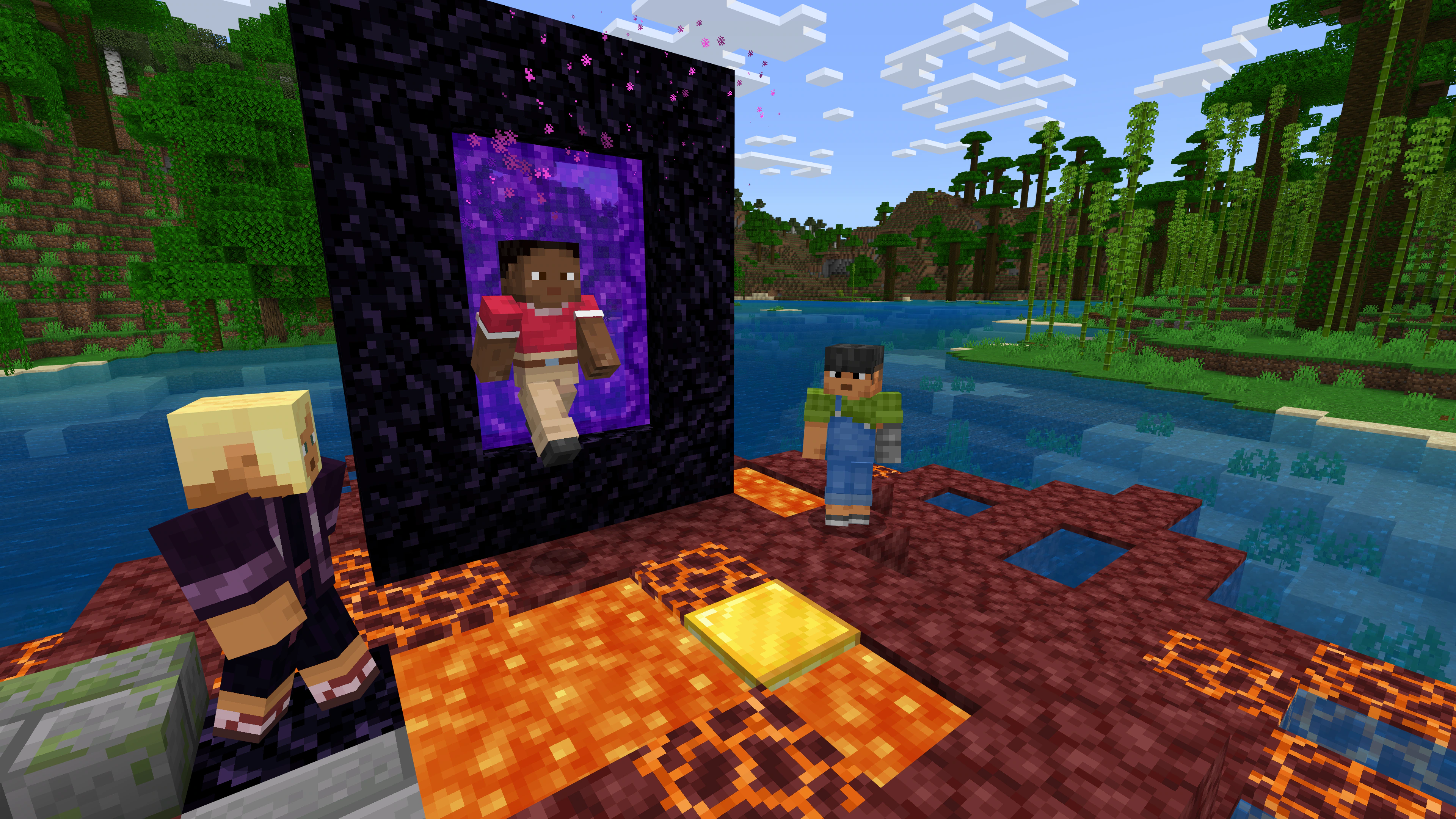 Three Minecraft characters stepping out of a glowing Nether portal into the Overworld