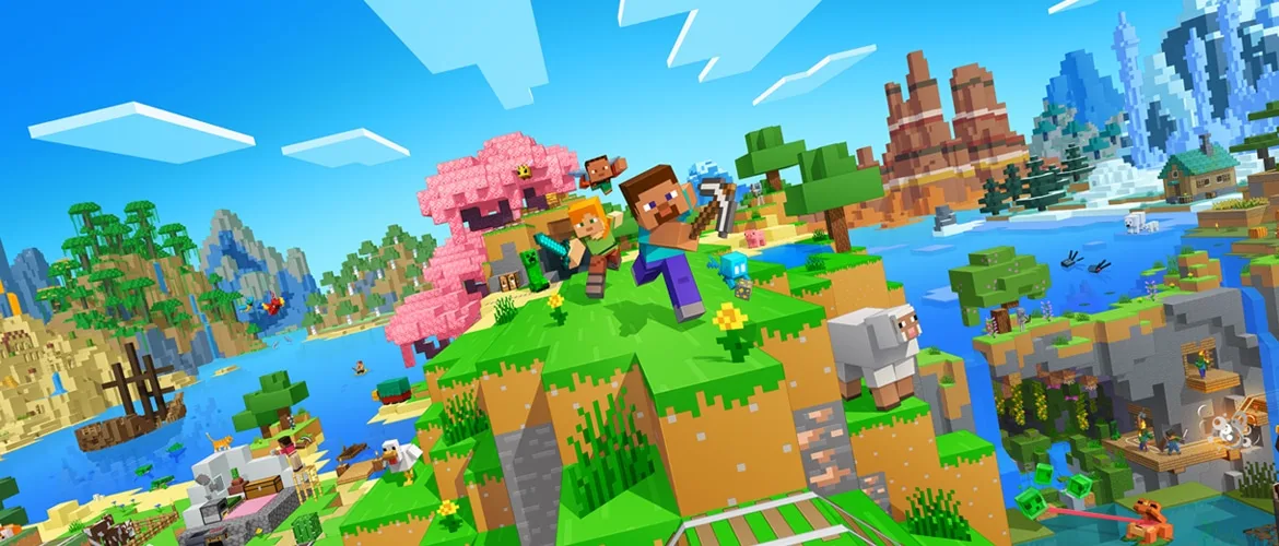 Steve and Alex running toward the viewer with Noor flying close behind over a bright, blocky landscape