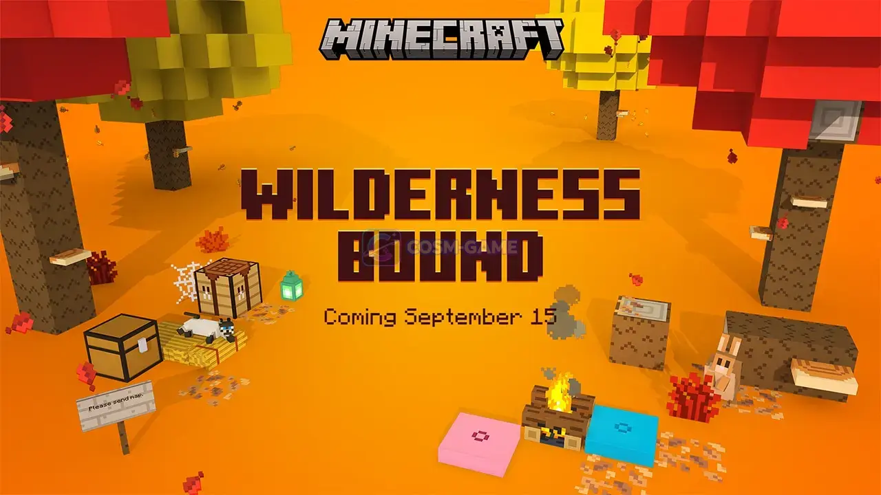 Minecraft Wilderness Bound key art showing a Dappled Forest campsite, poplar trees, cushions and the September 15 release date