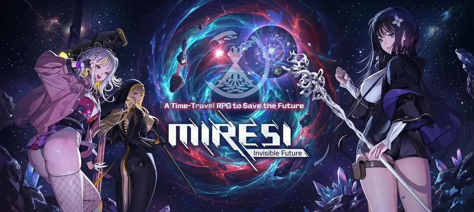 Three MIRESI heroines stand around the MIRESI logo against a fractured blue and purple backdrop.