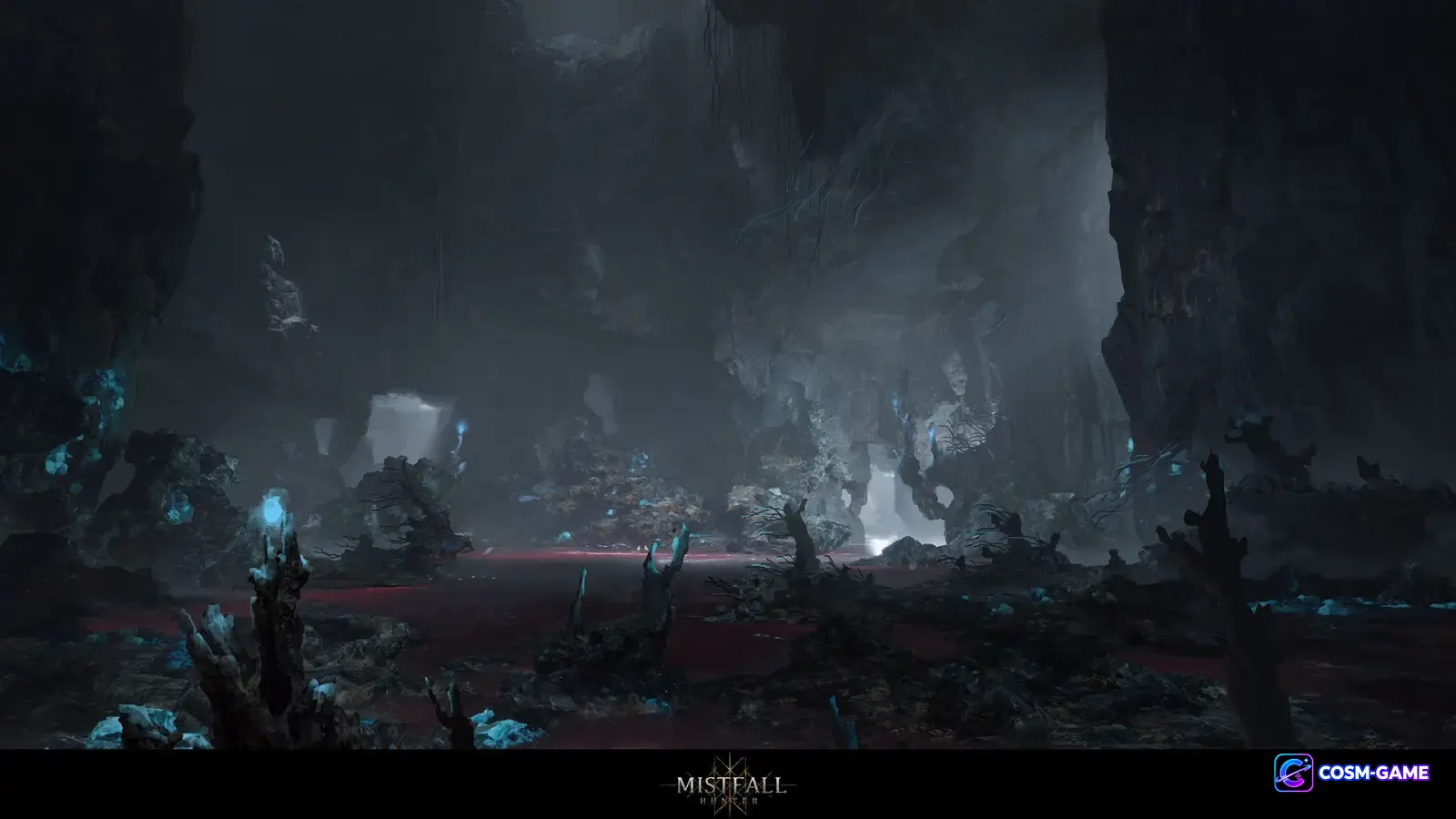 Blue crystals illuminate a vast cavern with dark rock formations, waterfalls, and red pools below.