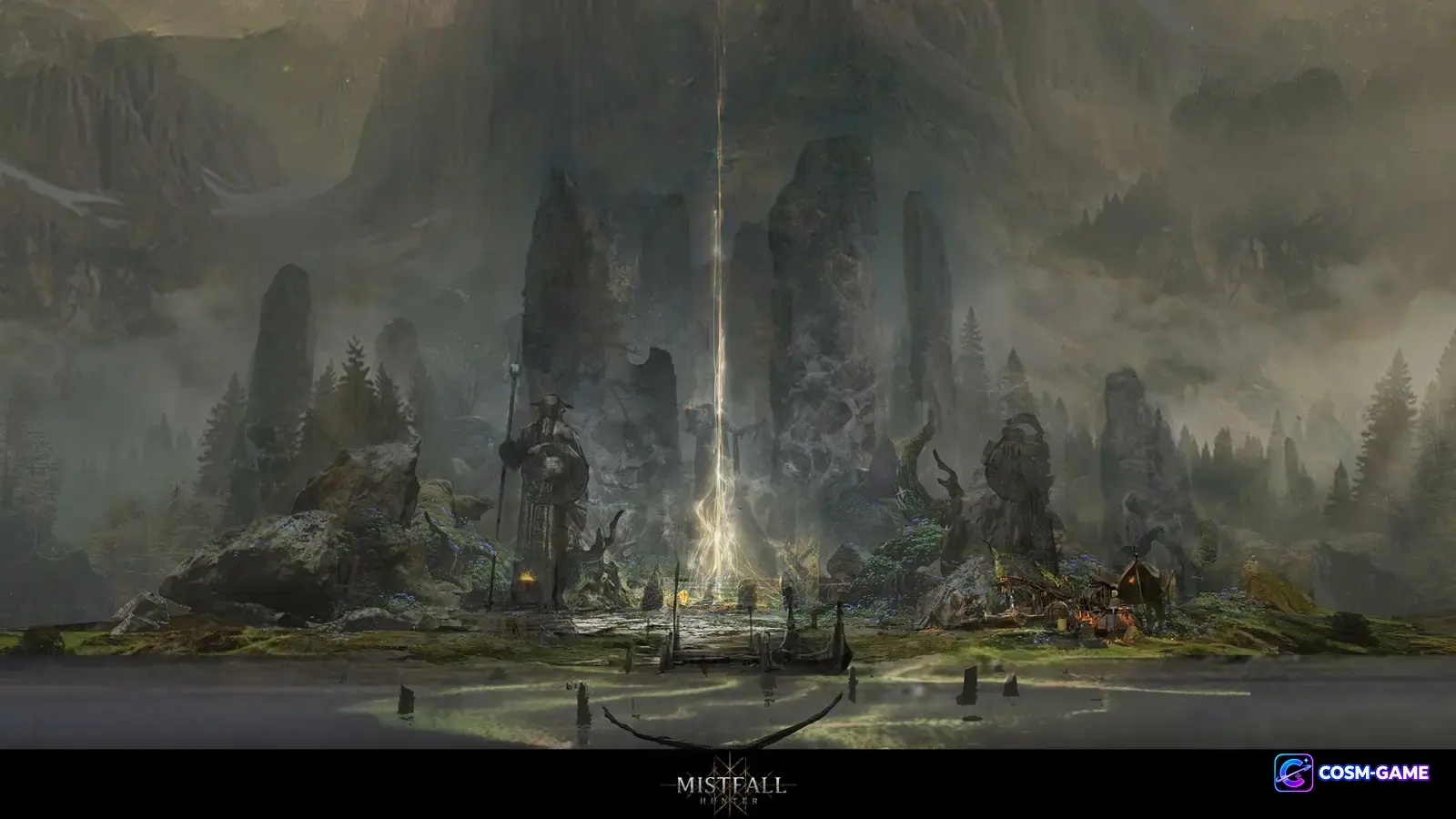 Tall stone monoliths surround a camp where a golden beam rises into the misty mountain sky.