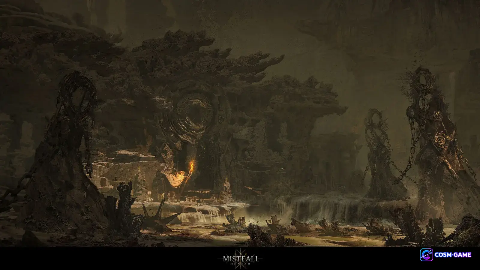 Massive chained figures stand around a circular ruin above shallow water in a cavernous hall.