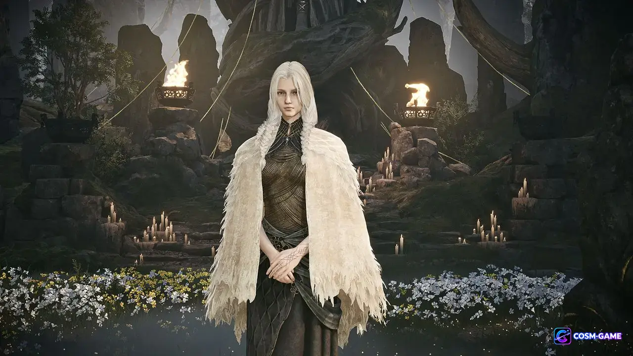 Dew stands in a white mantle before a ruined shrine surrounded by candles, flowers, and burning braziers.