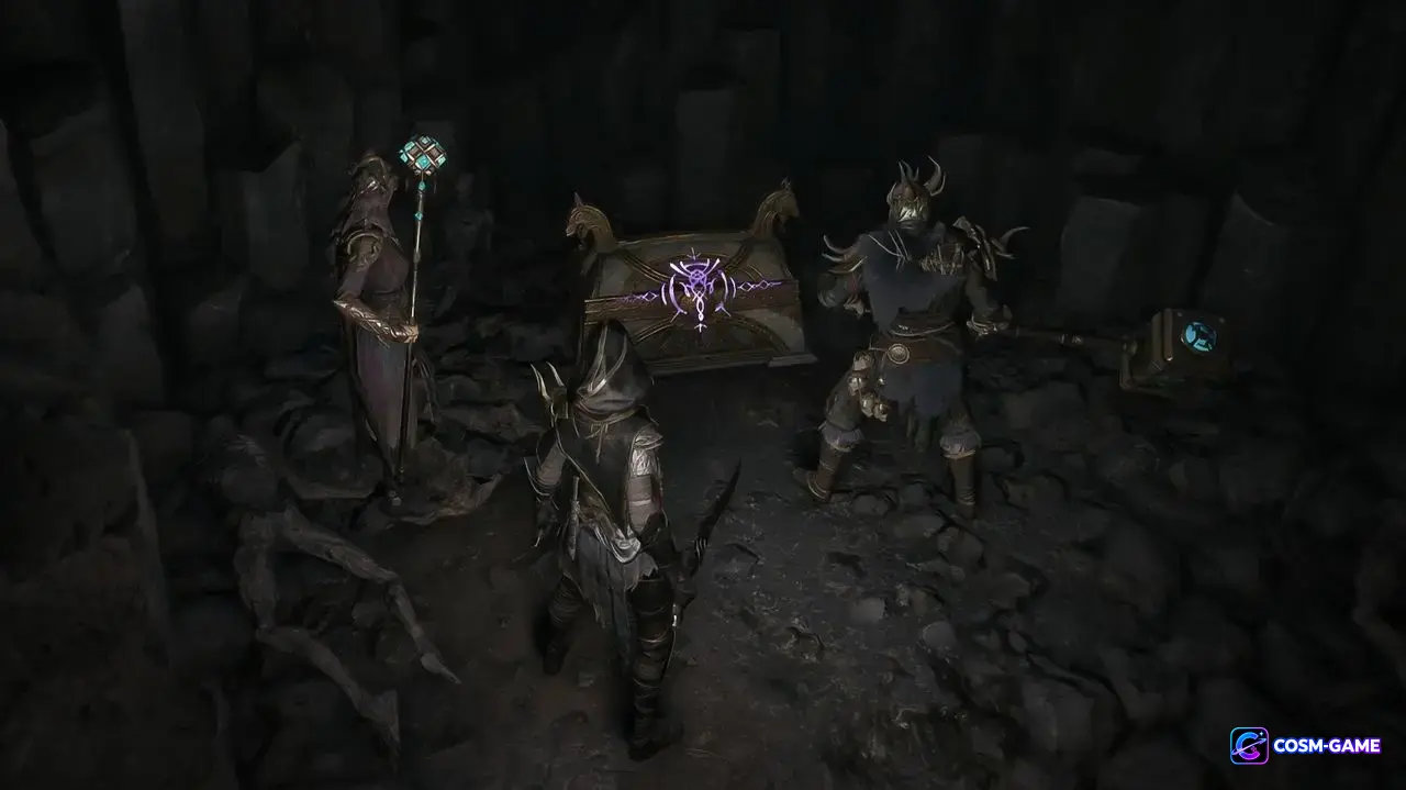 Three armed Gyldhunters surround an ornate sealed chest inside a dark rocky chamber.