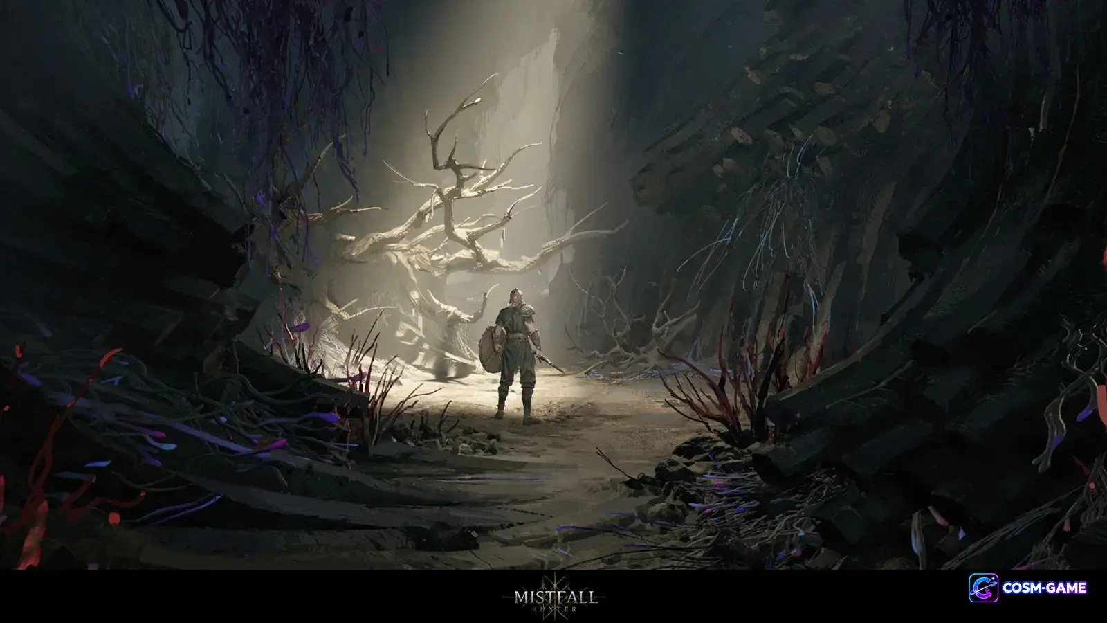 A lone armored hunter walks toward a pale dead tree through a dark passage lined with colored growths.
